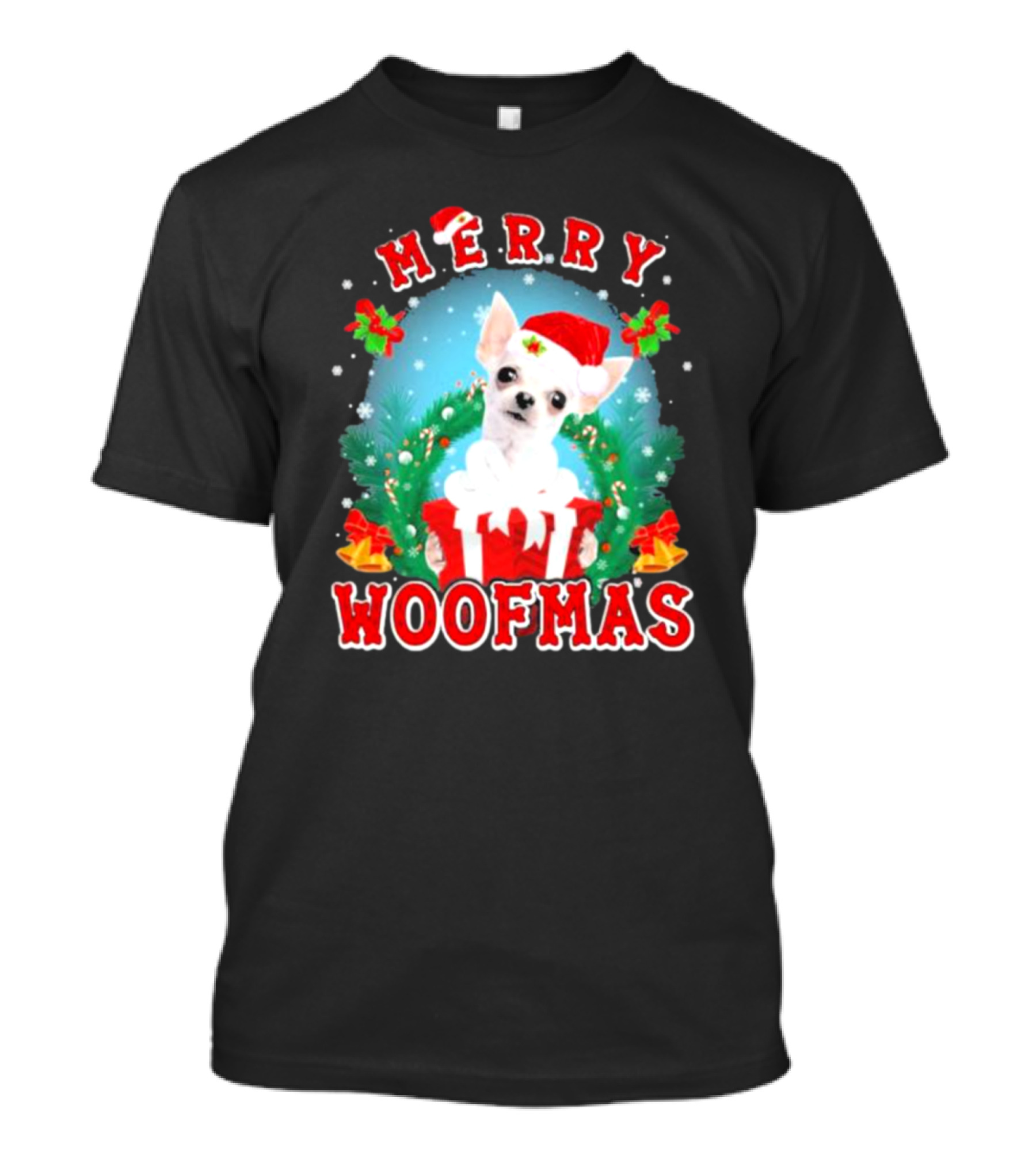 Chihuahua Merry Woofmas Santa Hat Wreath And Gift Box T-Shirt