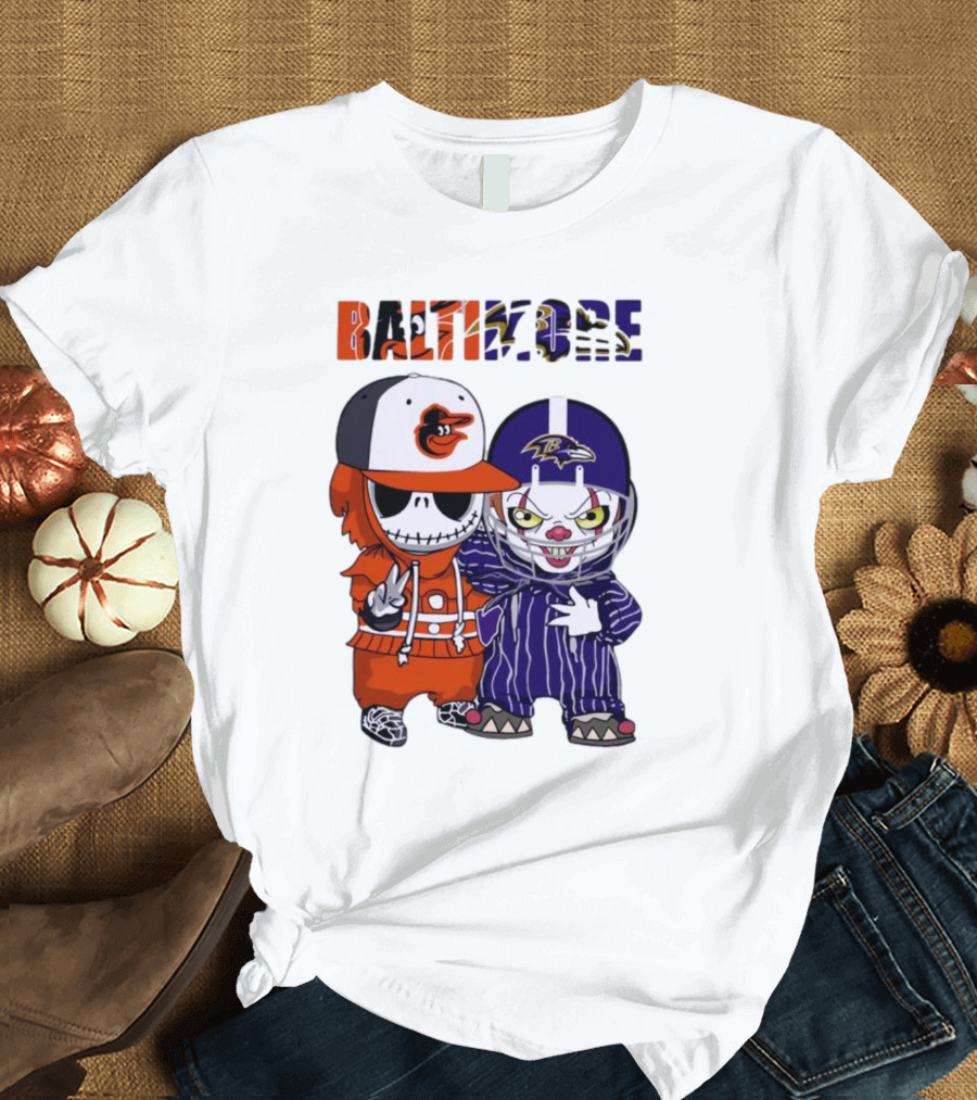 Baby Jack Skellington Pennywise Mashup Baltimore Orioles Ravens Halloween T-Shirt