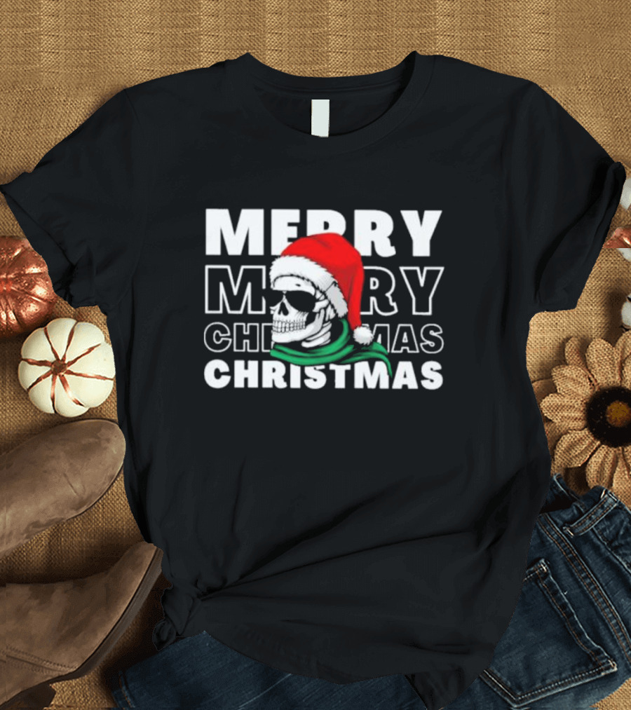 Merry Christmas Skull Santa Hat and Sunglasses T-Shirt