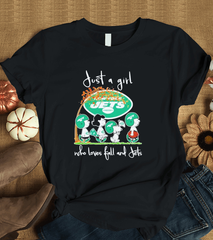 Just a Girl Who Loves Fall and New York Jets Football with Peanut Friend T-Shirt