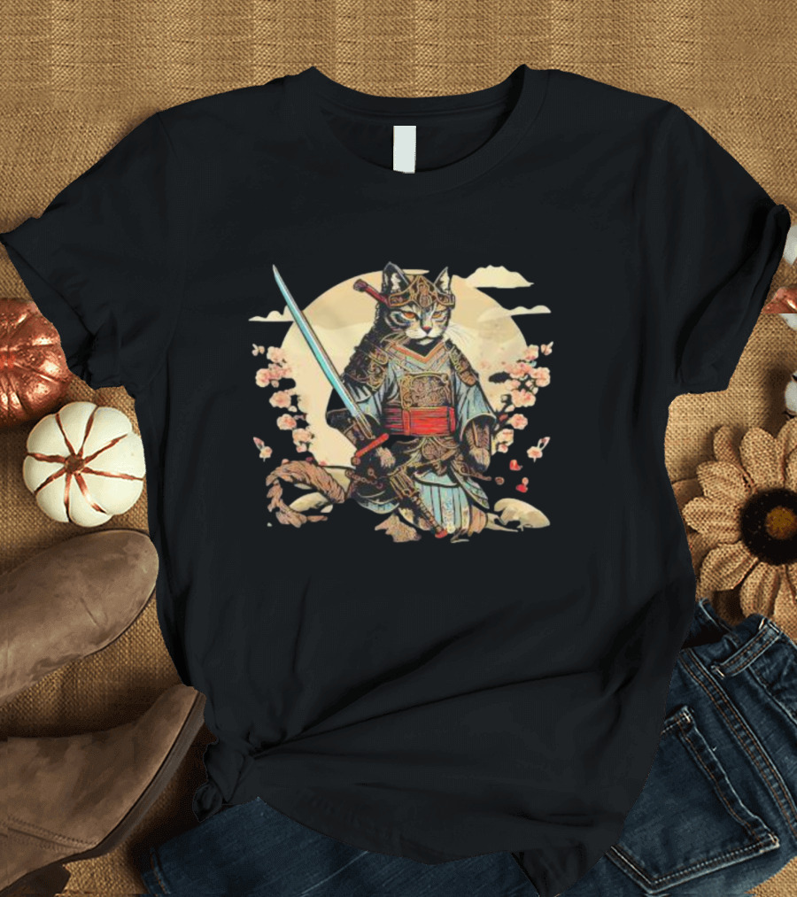 Samurai Cat Japanese Ninja Warrior Cherry Blossom Moon Warrior T-Shirt