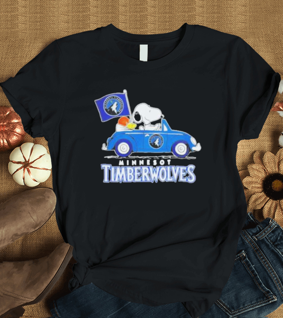 Minnesota Timberwolves Snoopy Dog Driving Blue Car Holding Basketball Flag T-Shirt