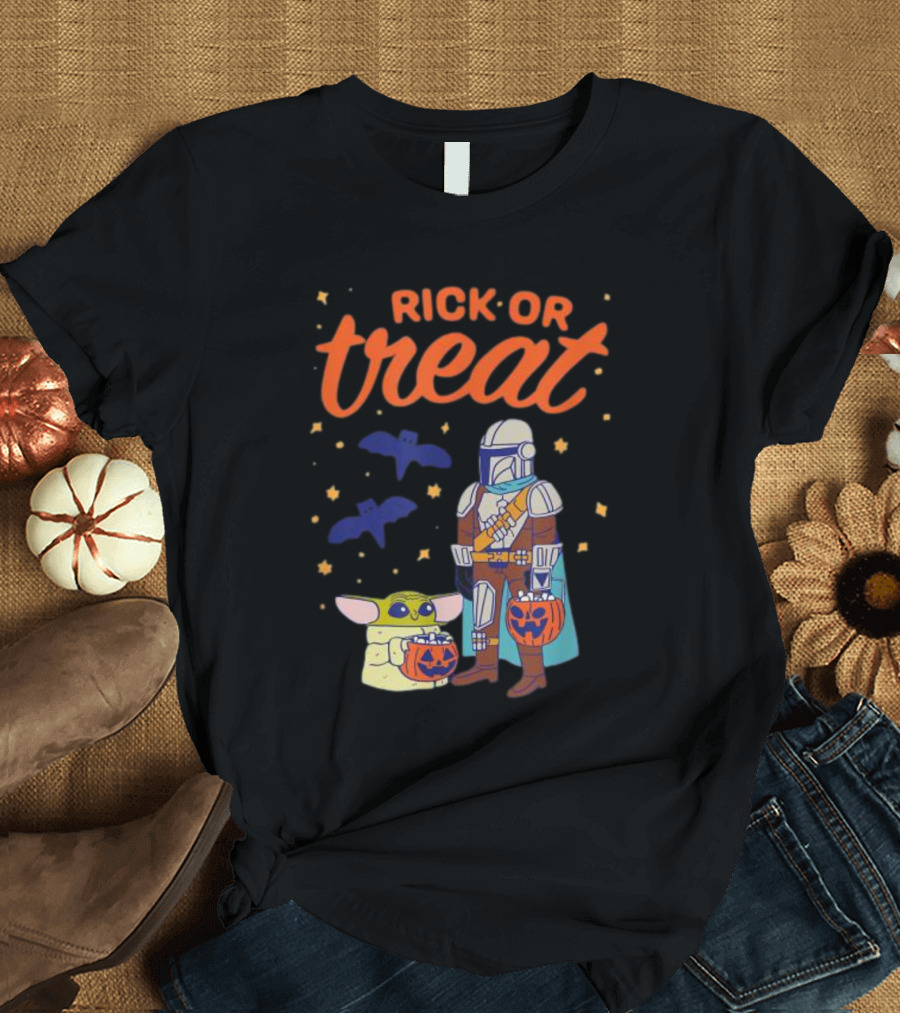 Rick or Treat The Mandalorian and Grogu Halloween Pumpkin Buckets with Bats and Stars T-Shirt