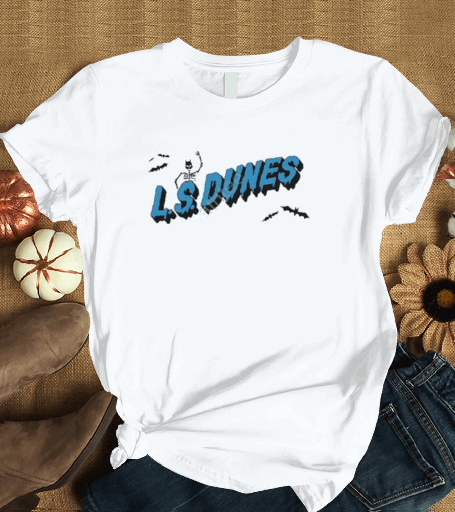 L.S. Dunes Spooky Skeleton Bats Blue Text T-Shirt