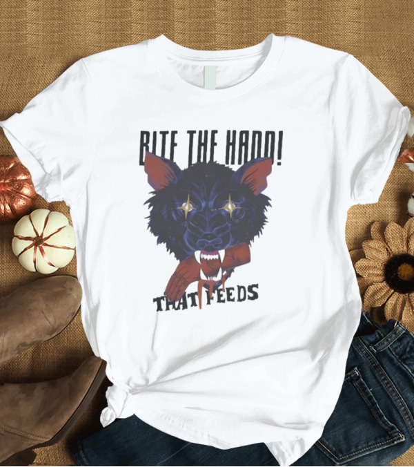 T-Shirt: Bite The Hand That Feeds Wolf with Starry Eyes and Bleeding Hand T-Shirt Bite The Hand That Feeds Wolf with Starry Eyes and Bleeding Hand T-Shirt