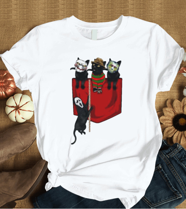 T-Shirt: Cat Cosplay Horror Movie Characters Trick Or Treat Freddy Krueger Jason Voorhees Scream Happy Halloween T-Shirt Cat Cosplay Horror Movie Characters Trick Or Treat Freddy Krueger Jason Voorhees Scream Happy Halloween T-Shirt