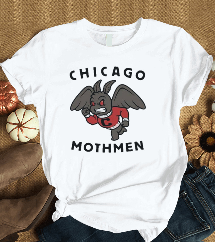 Chicago Mothmen Harebrained Design Winged Mascot C Logo Red Eyes T-Shirt