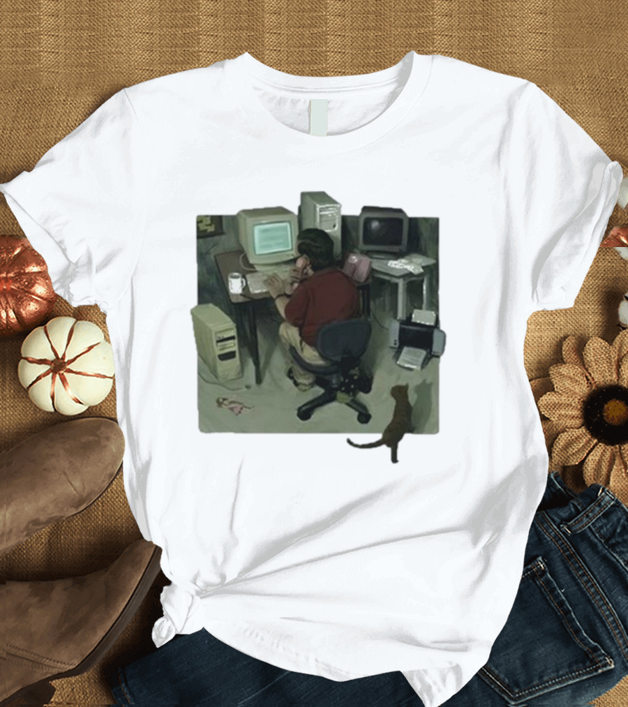 Ollie Jones Freelancer at Computer with Cat in Home Office Scene T-Shirt