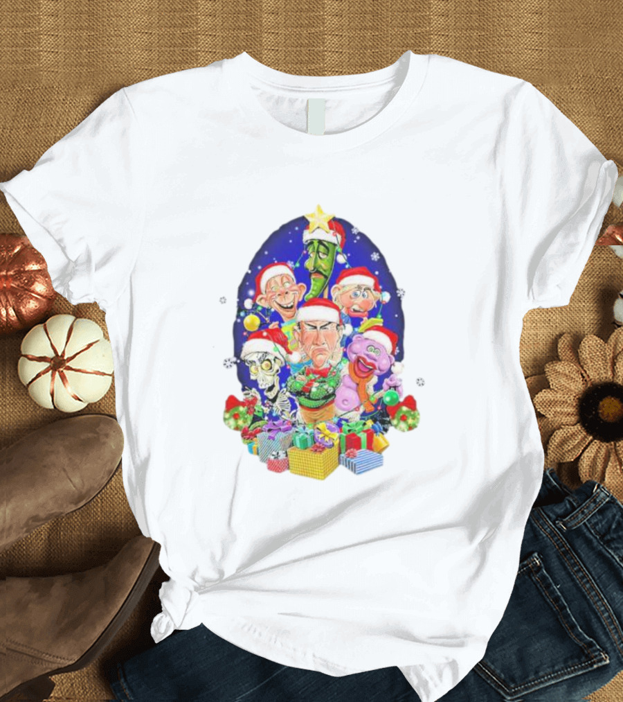 Jeff Dunham Christmas Characters with Santa Hats and Gifts Snow Merry Christmas T-Shirt