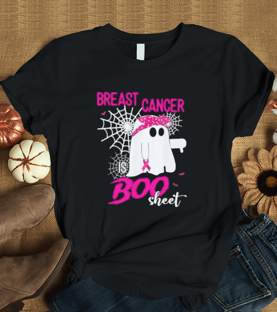 Breast Cancer Is Boo Sheet Halloween Ghost with Pink Ribbon and Spider Webs T-Shirt