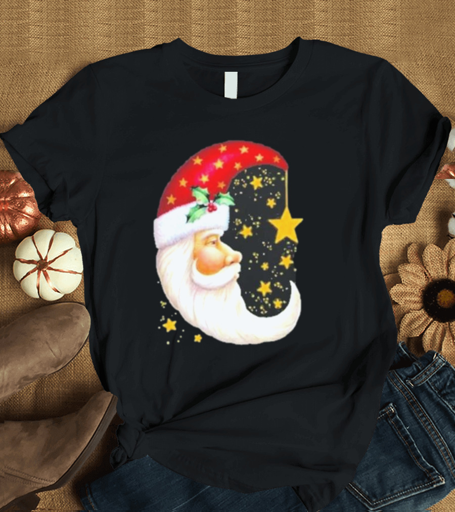 Christmas Santa Crescent Moon Starry Hat Print Crew Neck T-Shirt