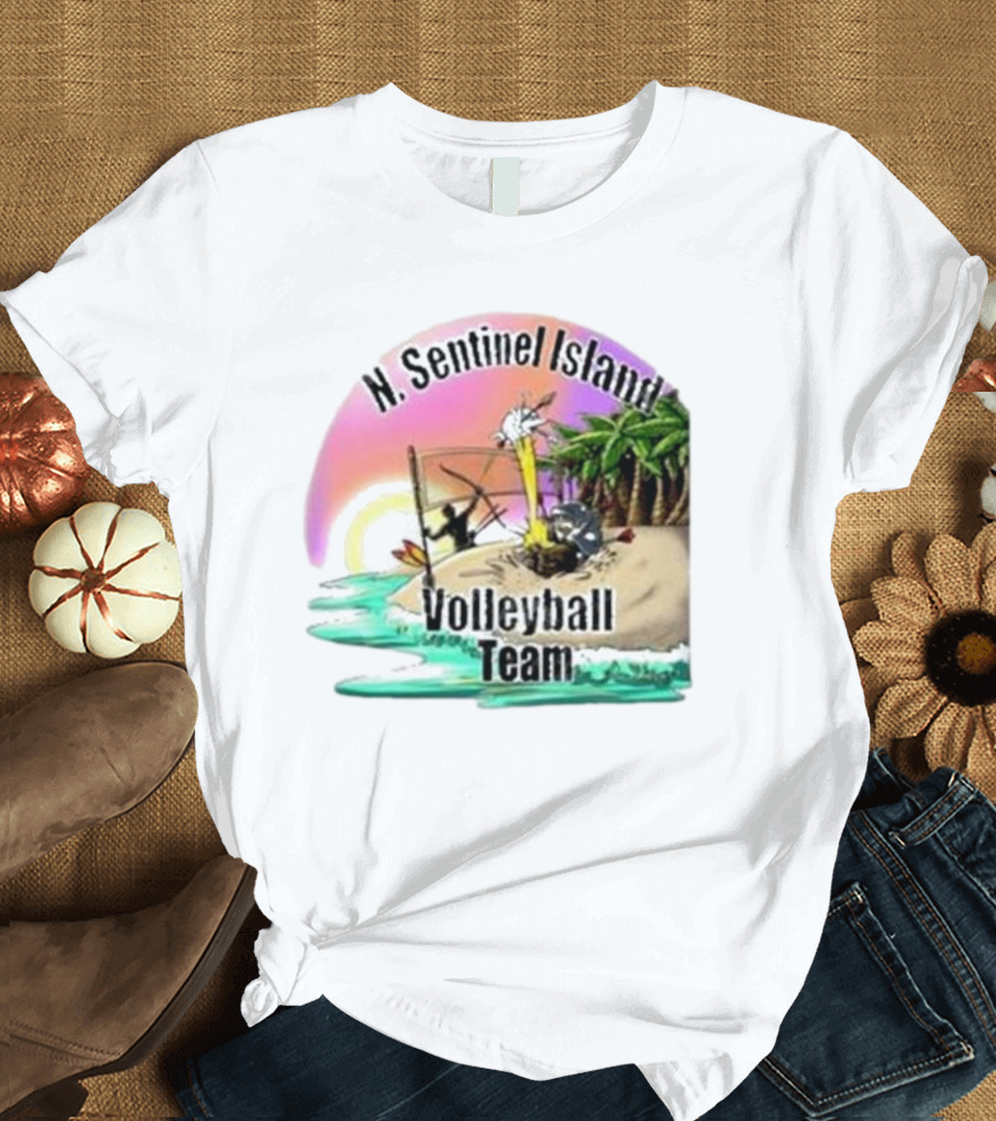N. Sentinel Island Volleyball Team Sunset Beach Scene with Palms T-Shirt