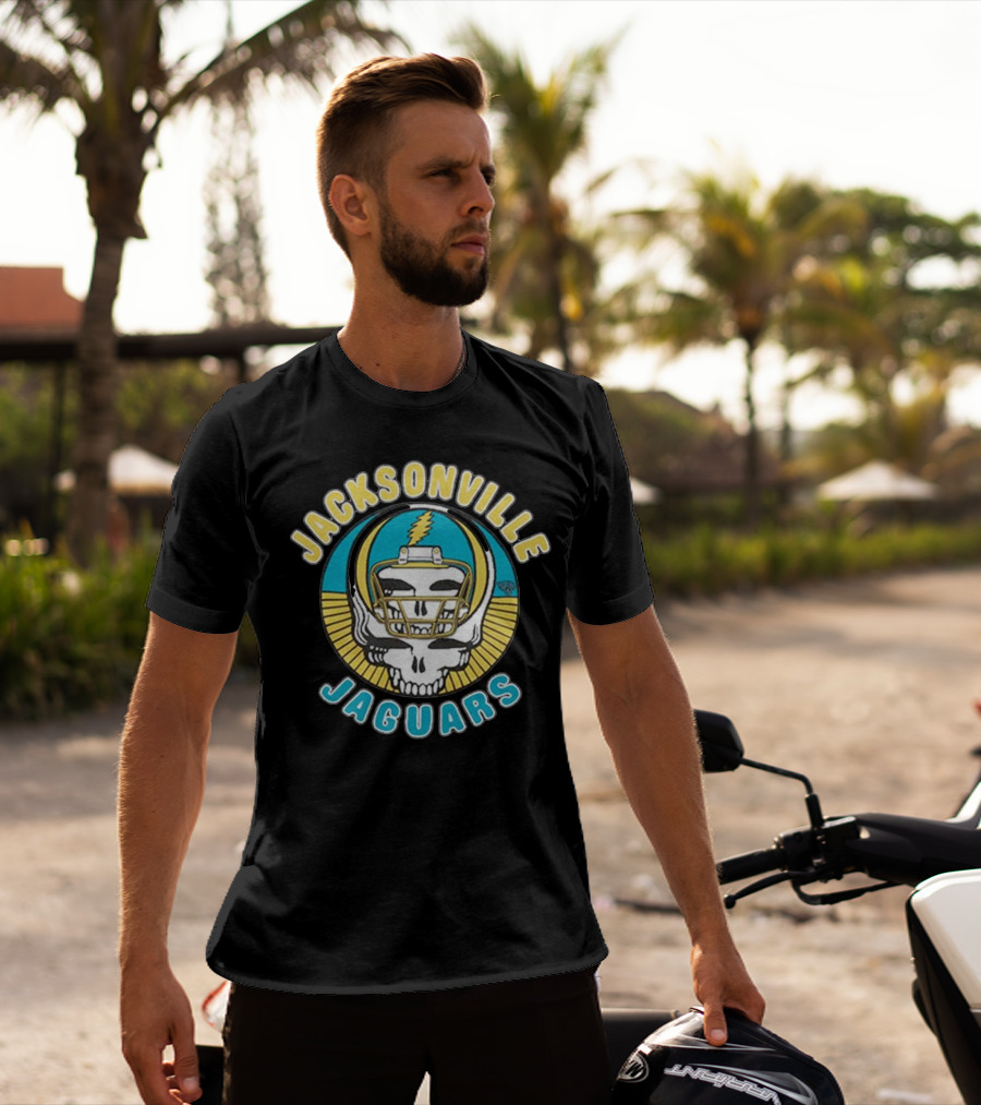 Jacksonville Jaguars Grateful Dead Skull Lightning Bolt Helmet Collaboration T-Shirt