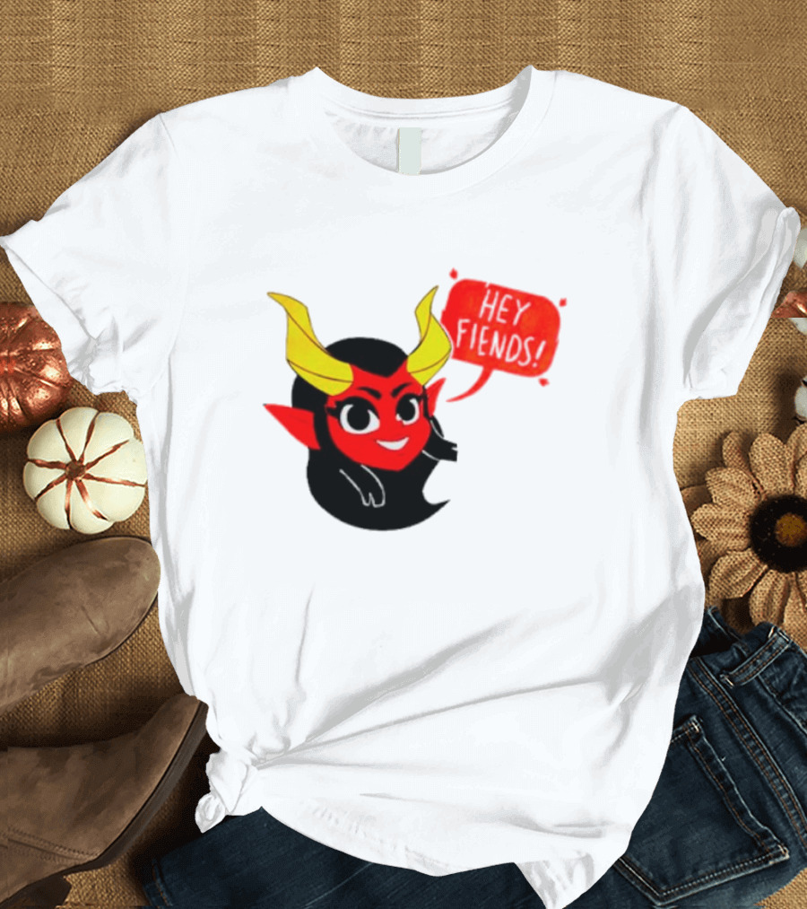 Ginnydi Hey Fiends Demon Cartoon Character with Red Face Yellow Horns and Black Hair T-Shirt