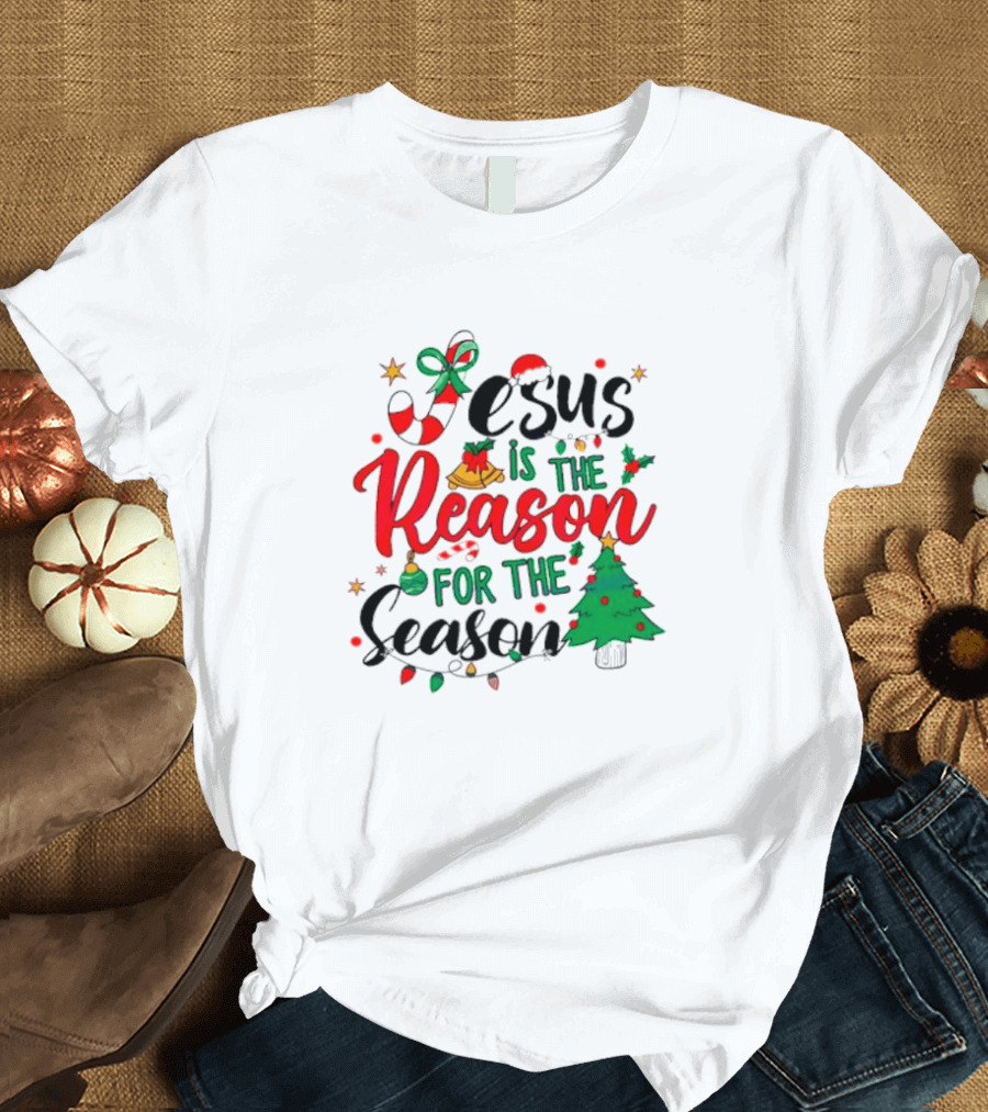 Jesus Is the Reason for the Season Christmas Tree and Candy Cane T-Shirt