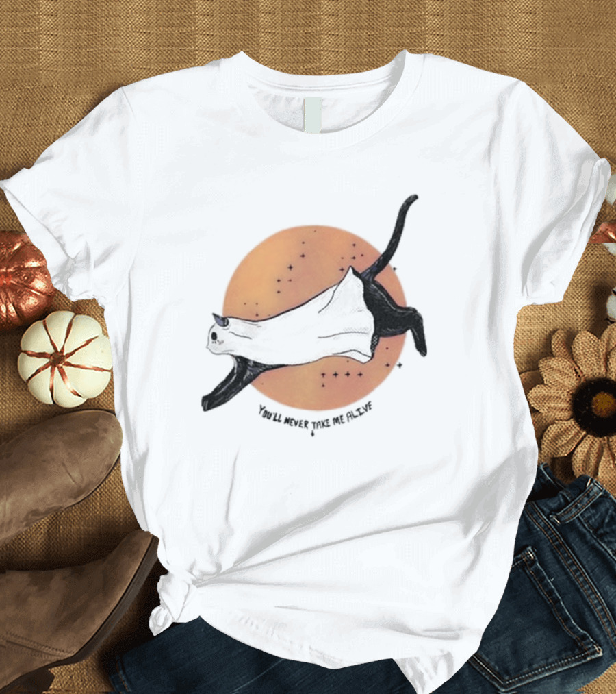 You'Ll Never Take Me Alive Black Cat Halloween Moon Escape T-Shirt