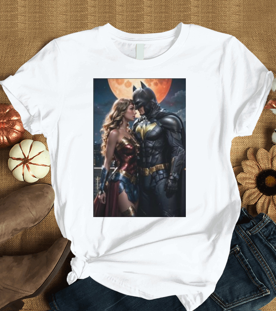 Batman and Wonder Woman Under Moonlight Romance Scene T-Shirt