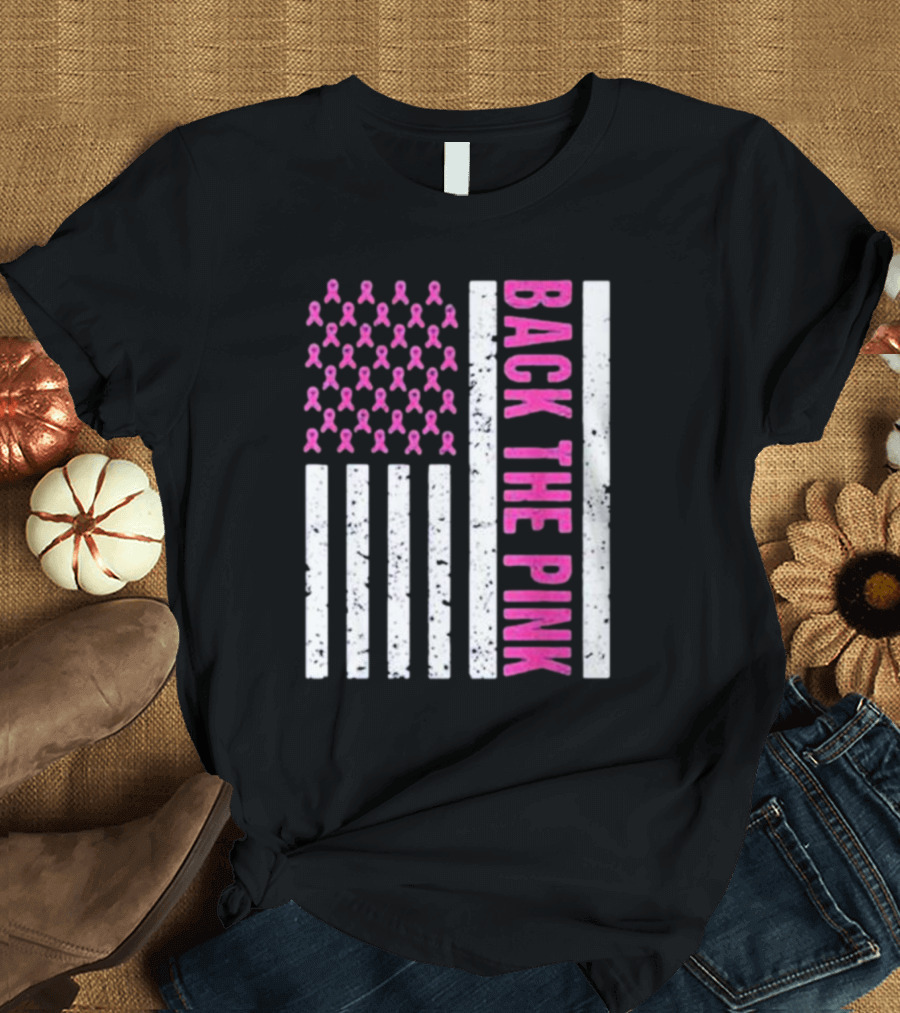 Back The Pink Breast Cancer Awareness American Flag Ribbons T-Shirt