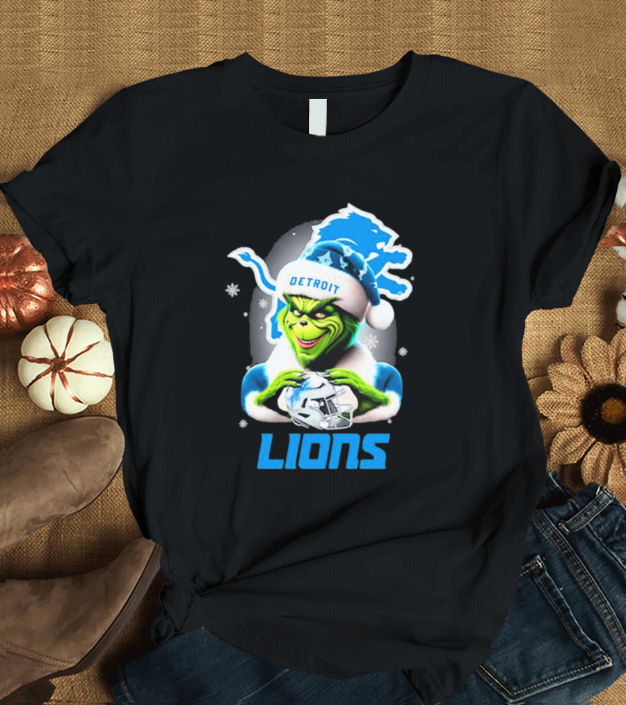 Detroit Lions Grinch Christmas Santa Snowflakes T-Shirt