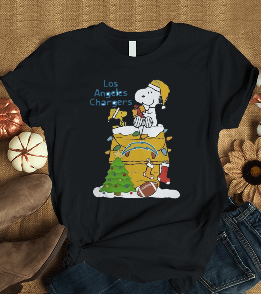 Santa Snoopy Woodstock Los Angeles Chargers Christmas Tree Football Socks T-Shirt
