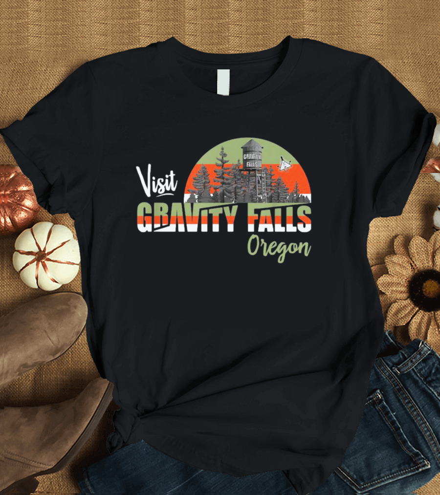 Visit Gravity Falls Oregon Trees and Lookout Tower Scene T-Shirt