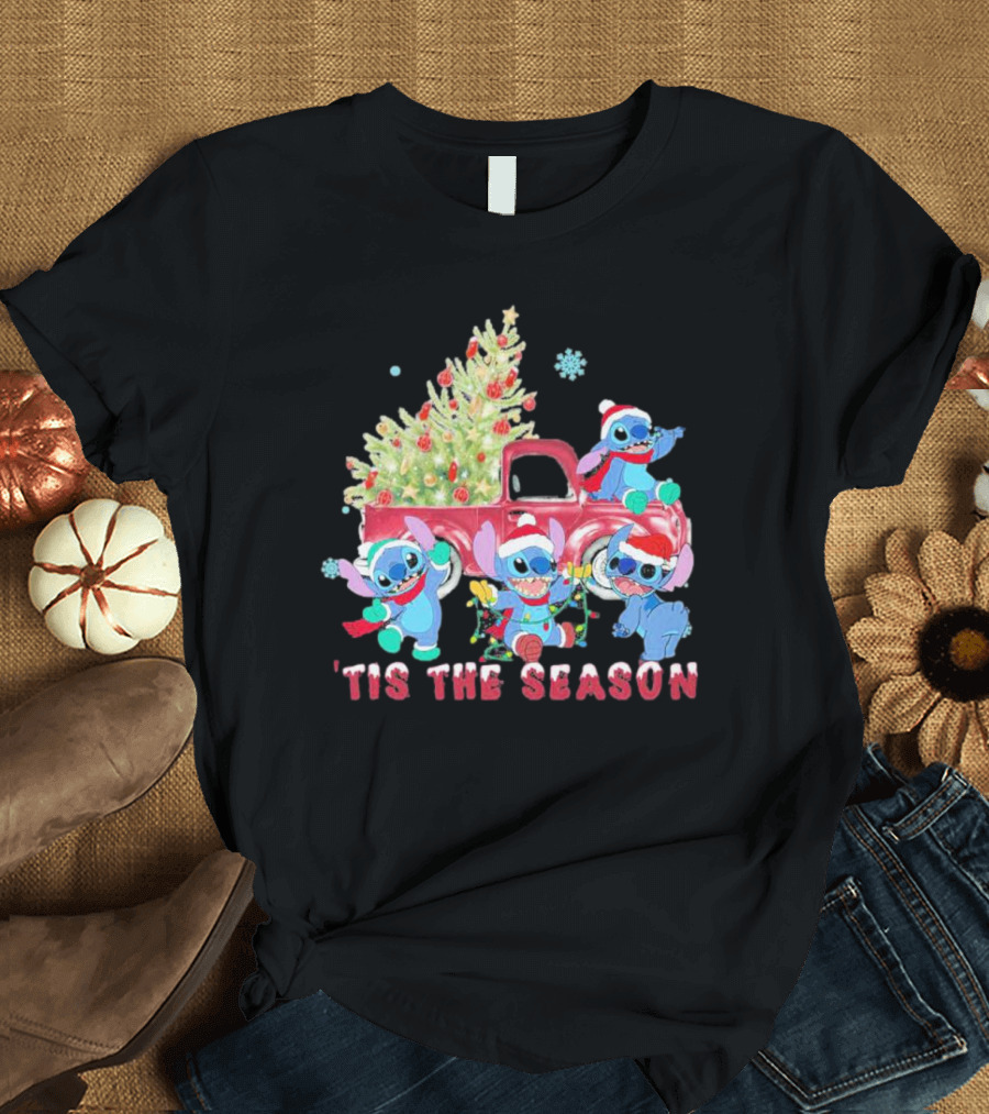 Stitch Tis the Season Christmas Santa Claus with Tree and Truck T-Shirt
