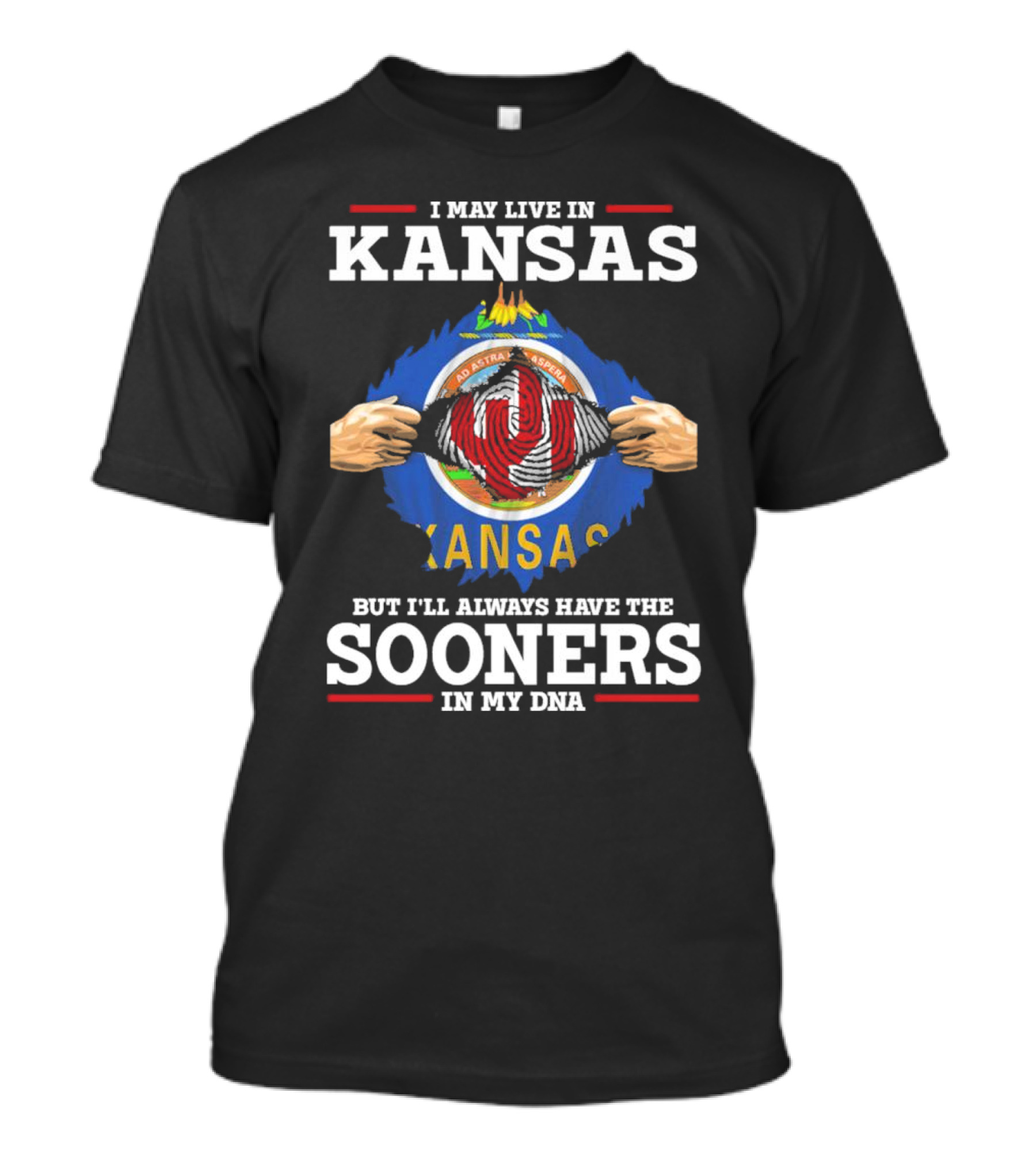 I May Live In Kansas But I'll Always Have The Sooners In My DNA Kansas Flag Sooners Pride T-Shirt