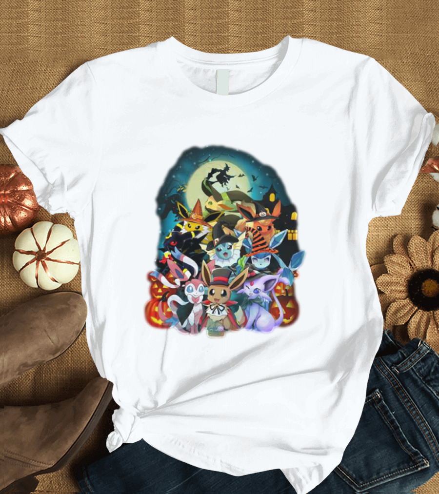 Halloween Eevee All Evolutions with Pumpkins and Witch Hat Moon Scene T-Shirt