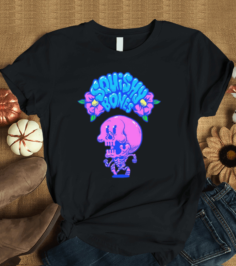 Danny Gonzalez Squishy Bones Vibrant Skull and Flowers Navy T-Shirt