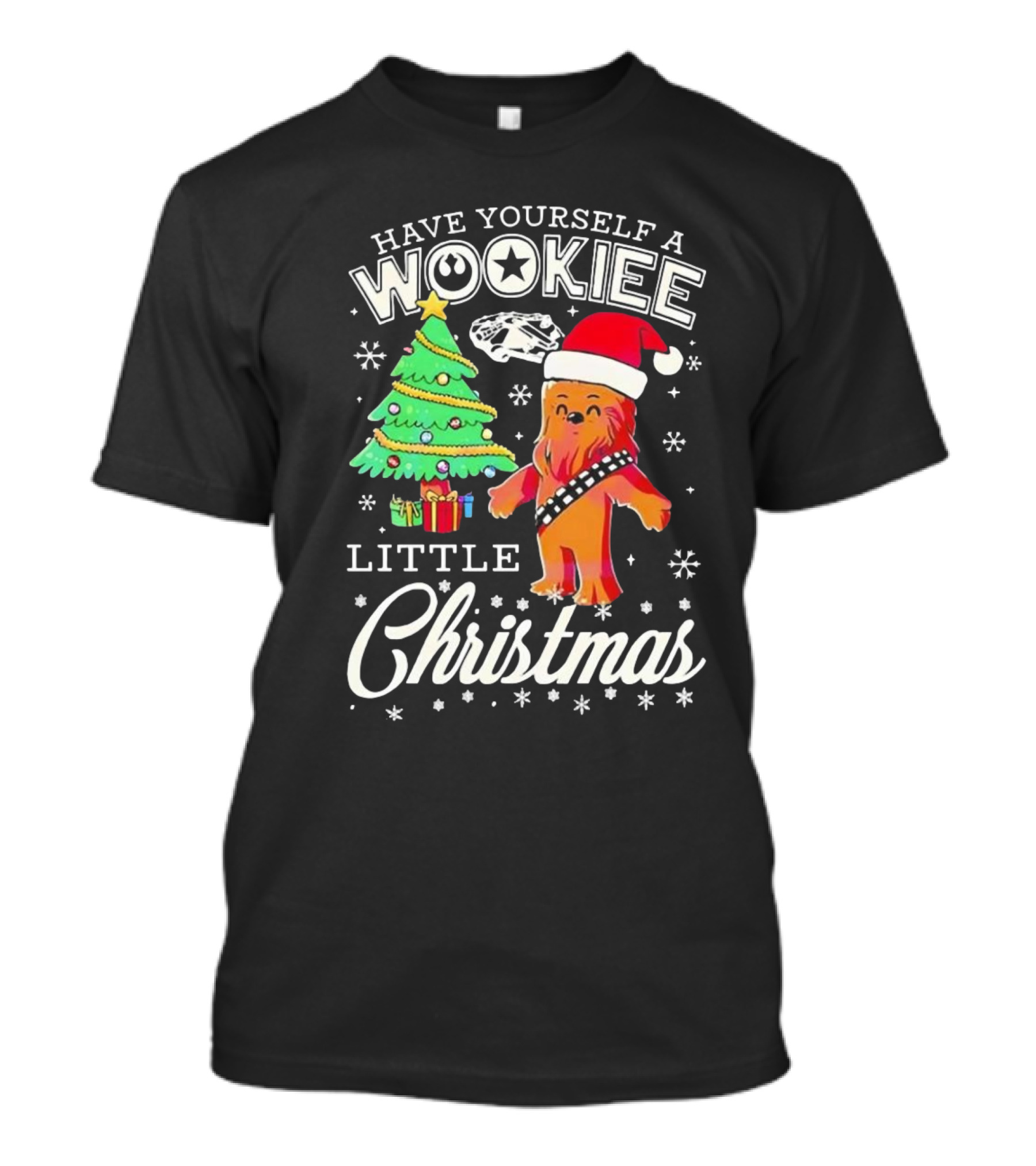 Have Yourself A Wookiee Little Christmas Tree Chewbacca Santa Hat Millennium Falcon Snowflakes T-Shirt