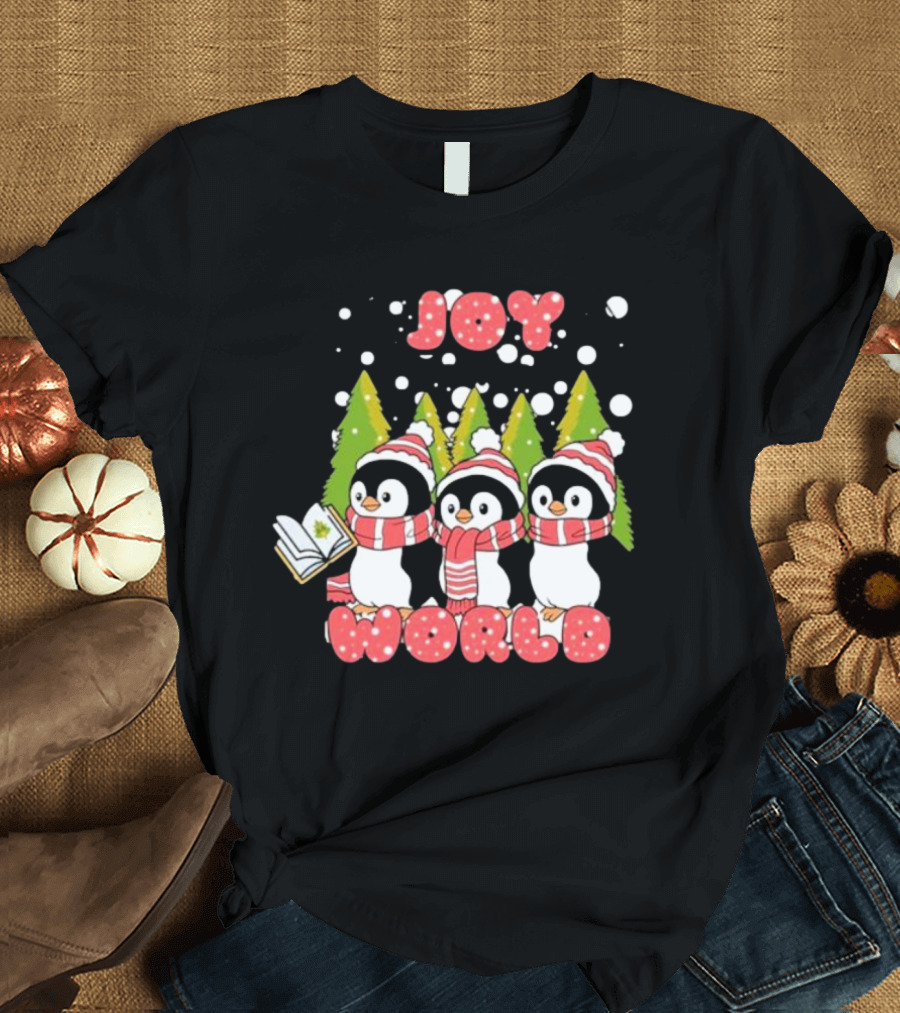 Joy World Penguins Singing With Trees And Snowflakes T-Shirt