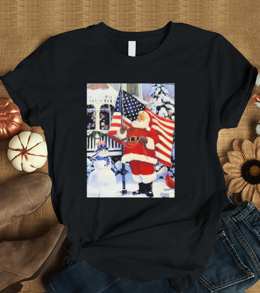 Santa Claus and Snowman with American Flag in Winter Scene T-Shirt