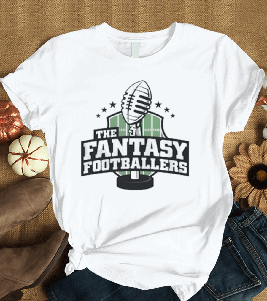 The Fantasy Footballers Podcast Microphone Logo in Green and Black with Stars T-Shirt