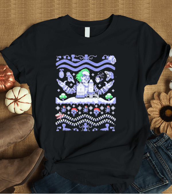 T-Shirt: Christmas Beetlejuice Snowy House Scene and Ghostly Icons T-Shirt Christmas Beetlejuice Snowy House Scene and Ghostly Icons T-Shirt
