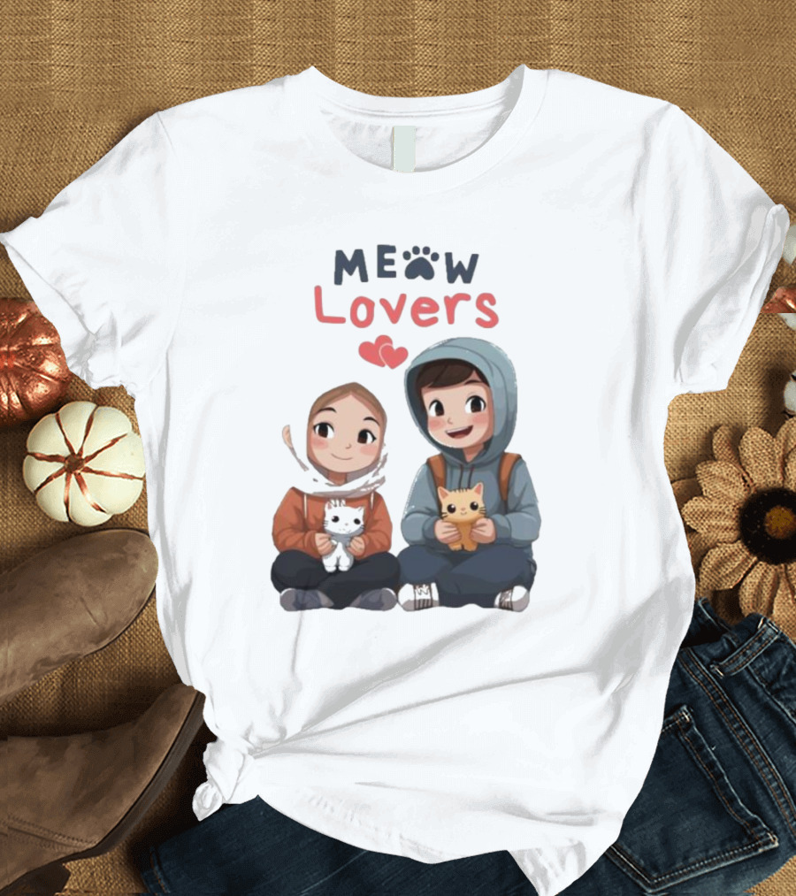 Meow Lovers Cute Boy and Girl with Kittens T-Shirt