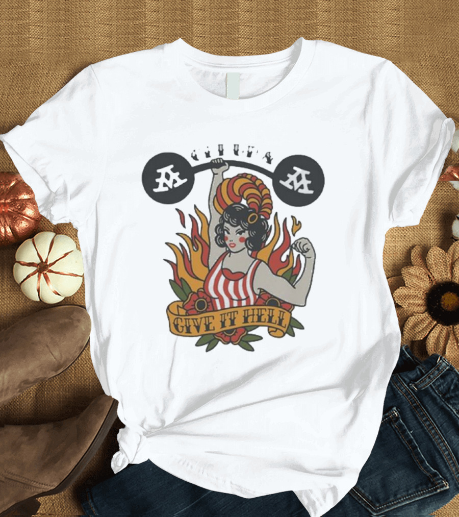 Get Up Give It Hell Retro Strongwoman Flames Barber Pole Haircurl Stripes Roses Boxing Gym Vintage T-Shirt