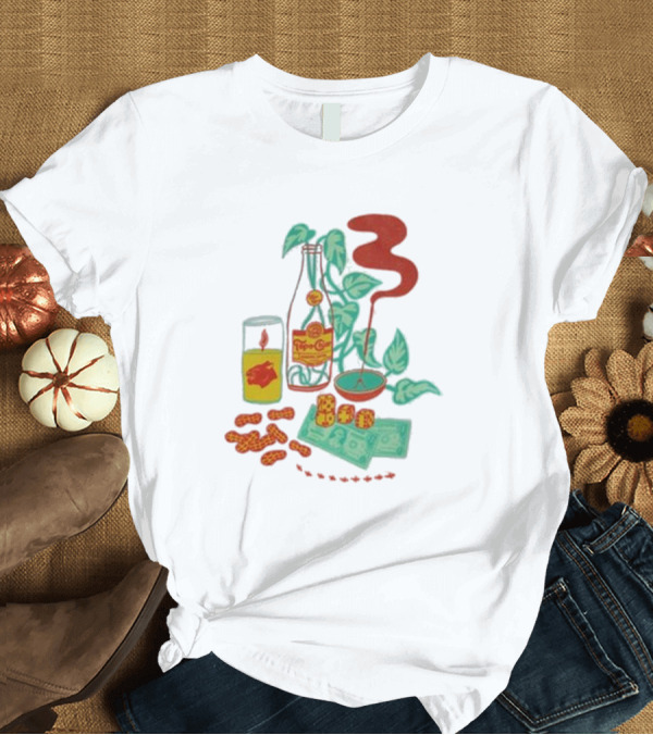 T-Shirt: Quarenscene Natural Topo Chico Bottle with Dice, Peanuts, Dollar Bills, Glass, and Smoking Pipe Scene T-Shirt Quarenscene Natural Topo Chico Bottle with Dice, Peanuts, Dollar Bills, Glass, and Smoking Pipe Scene T-Shirt