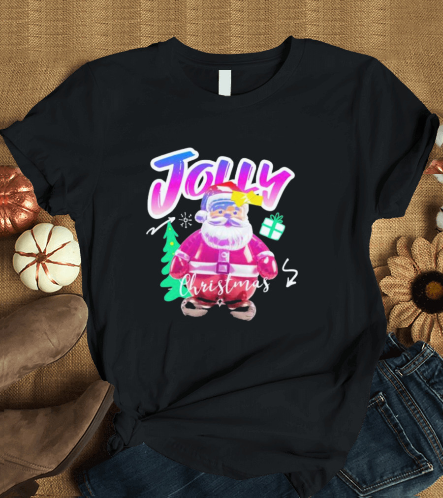 Jolly Merry Christmas Santa Balloon with Gift and Christmas Tree T-Shirt