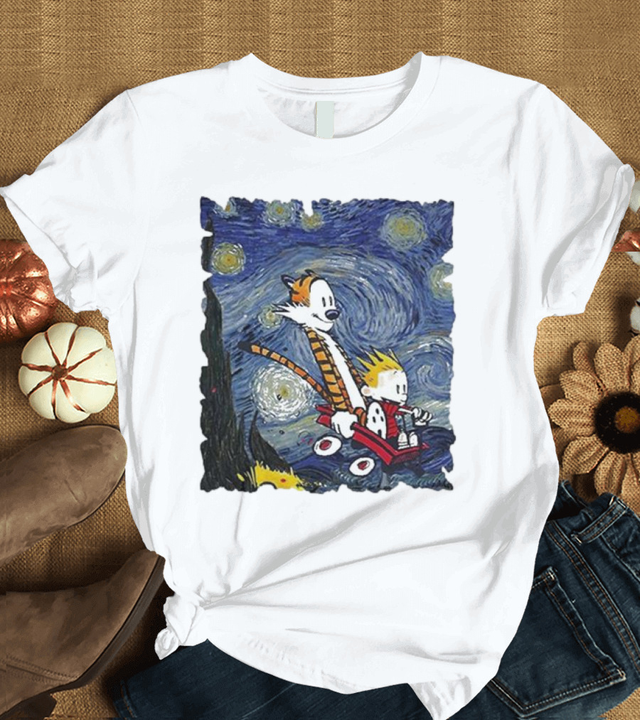 Vincent Van Gogh Starry Night Calvin and Hobbes Wagon T-Shirt