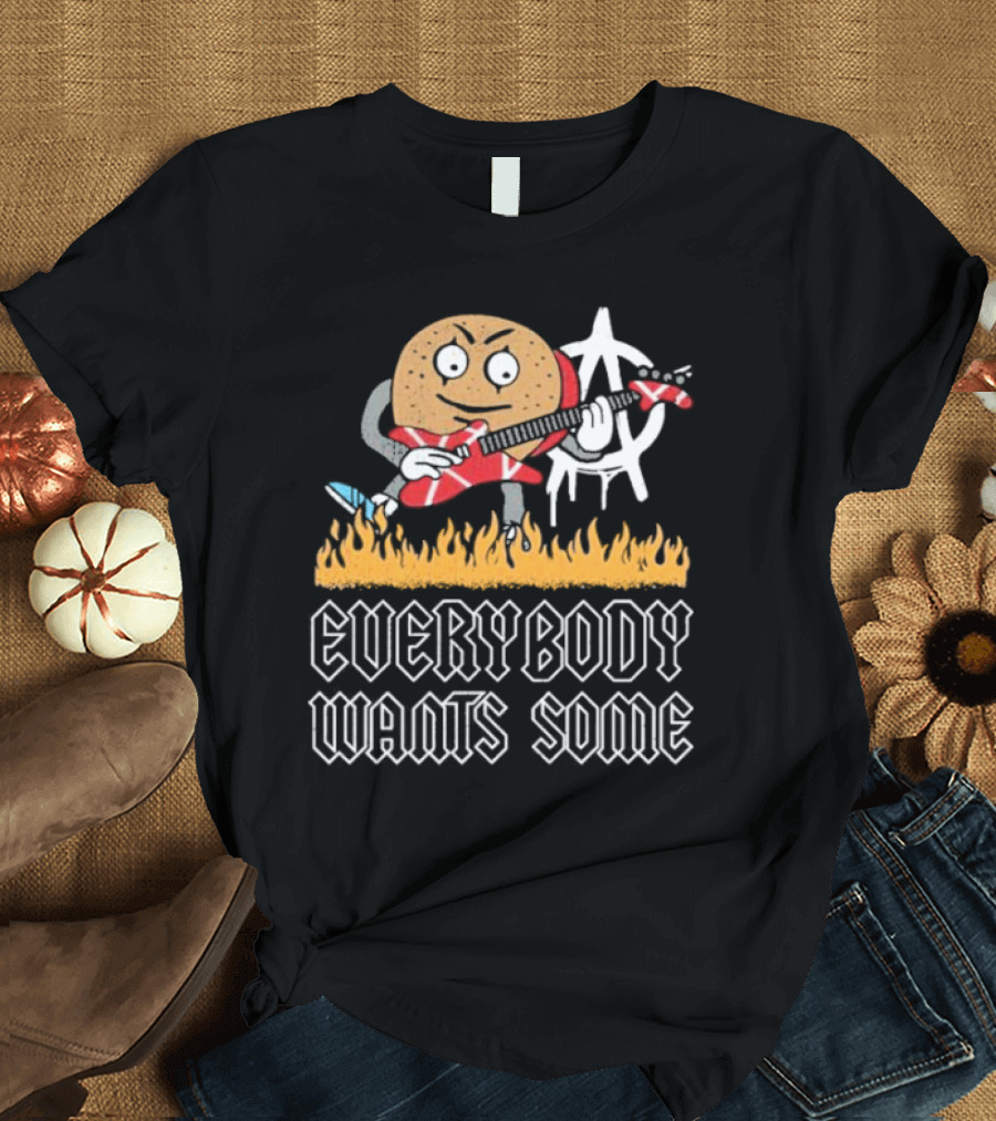 Everybody Wants Some Burger Playing Guitar with Anarchy Symbol and Flames T-Shirt