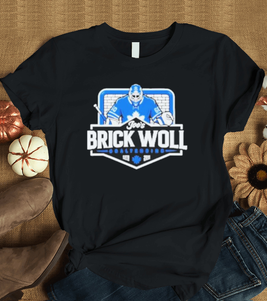 Joe's Brick Woll Goaltending Hockey Maple Leafs 60 Blue Goalie Blocking Net T-Shirt