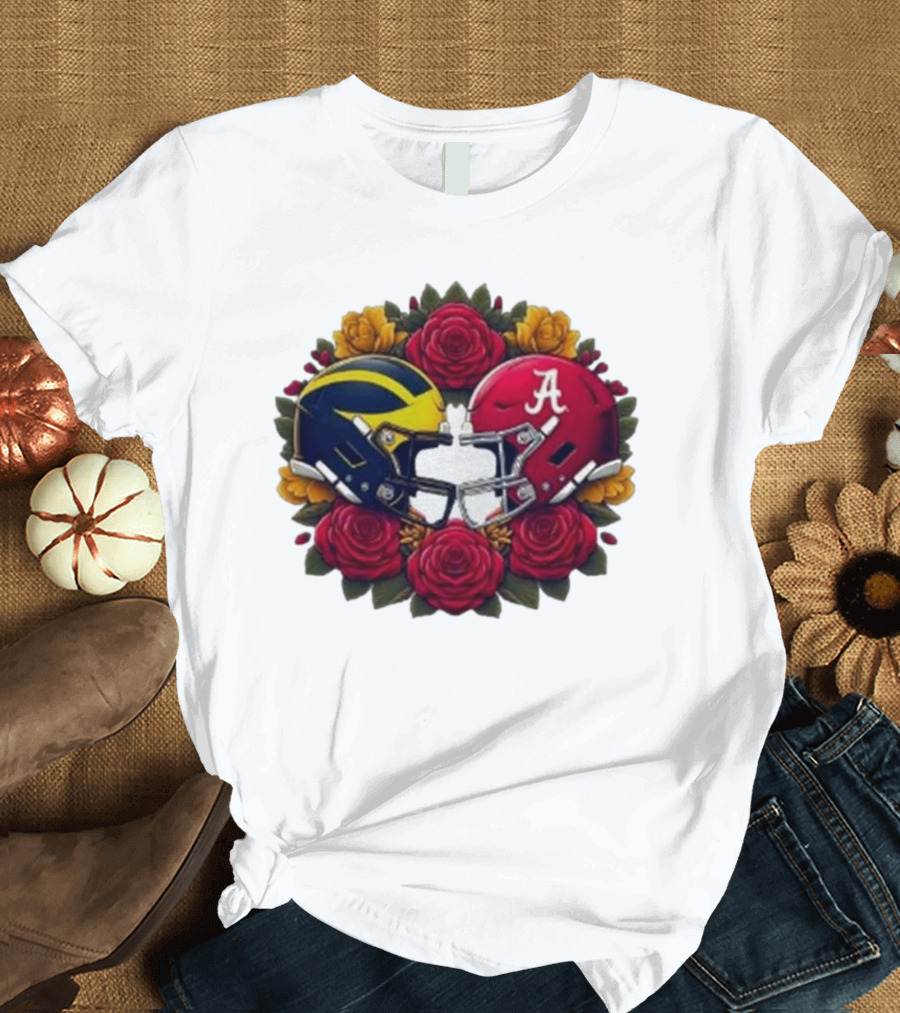 Rose Bowl Game Michigan Wolverines Versus Alabama Crimson Tide Football Helmets with Roses T-Shirt
