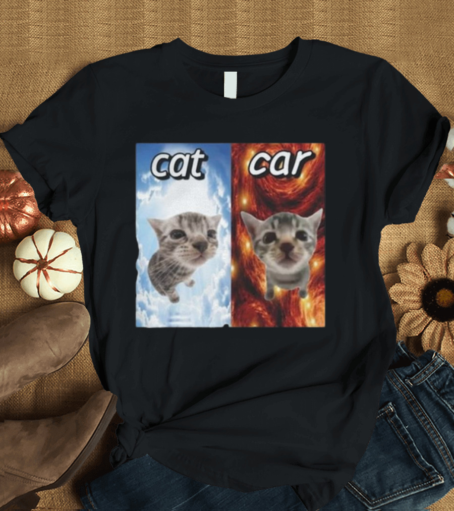 Cat Car Cringey Showdown in Cosmic Clouds and Fiery Vortex T-Shirt