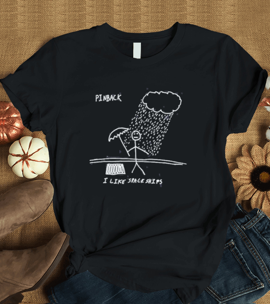 Pinback I Like Spaceships Stick Figure Standing in Rain with Umbrella T-Shirt