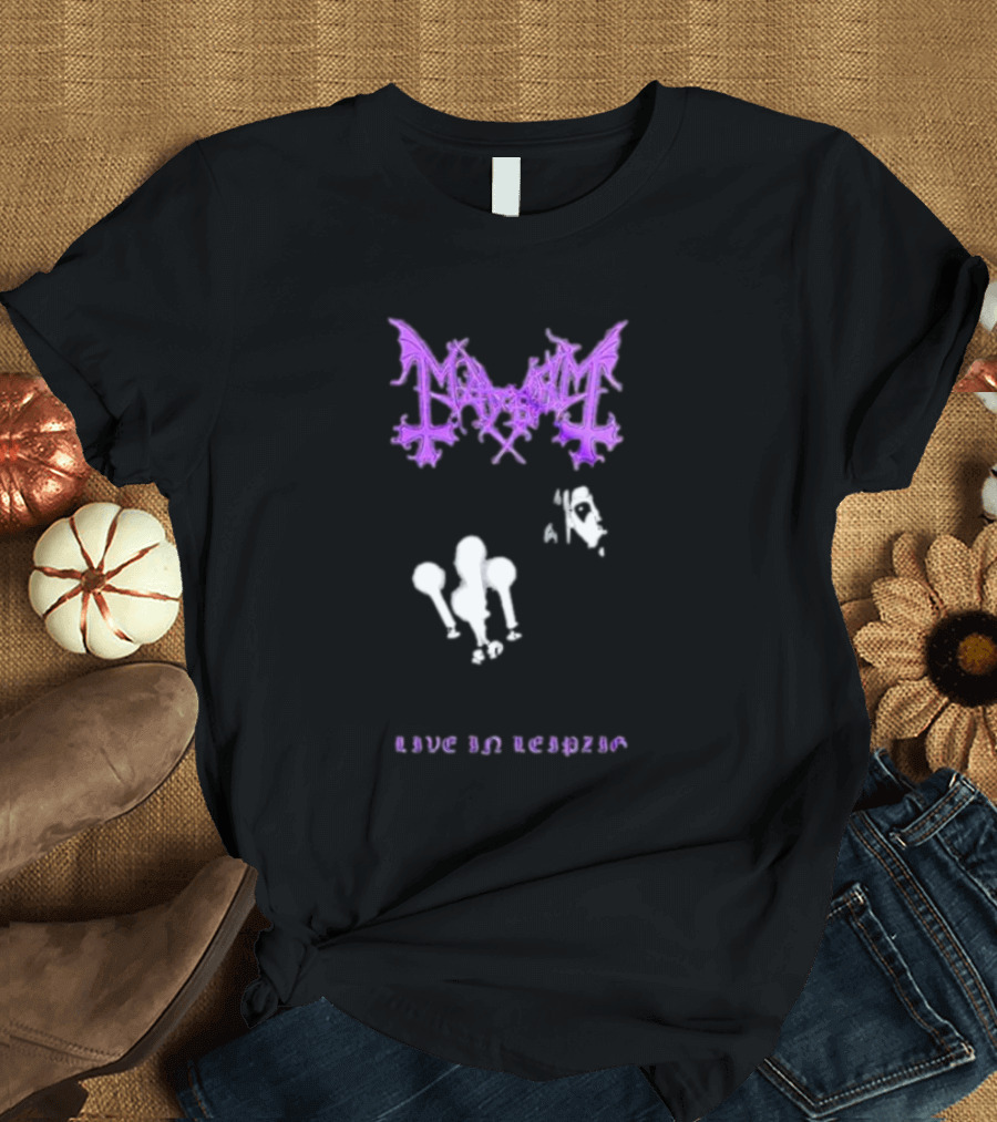 Mayhem Live In Leipzig Gothic Logo and Abstract Figure T-Shirt
