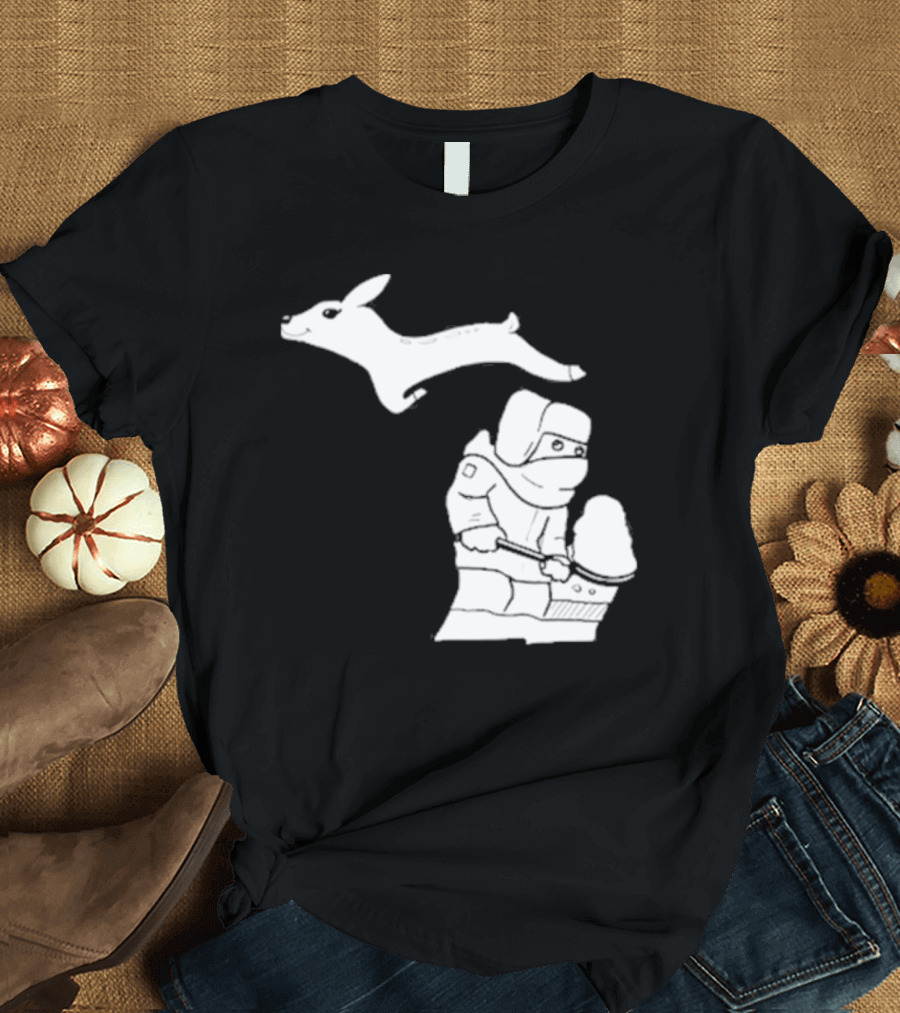 Michigan Winter Snow Shoveling and Leaping Deer T-Shirt