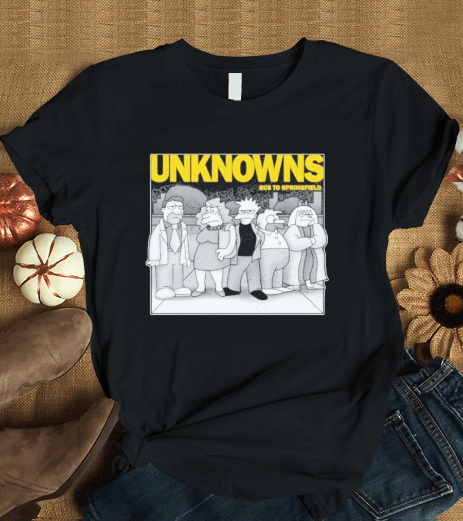 Unknowns Bus to Springfield Cartoon Characters in Black and White Scene T-Shirt