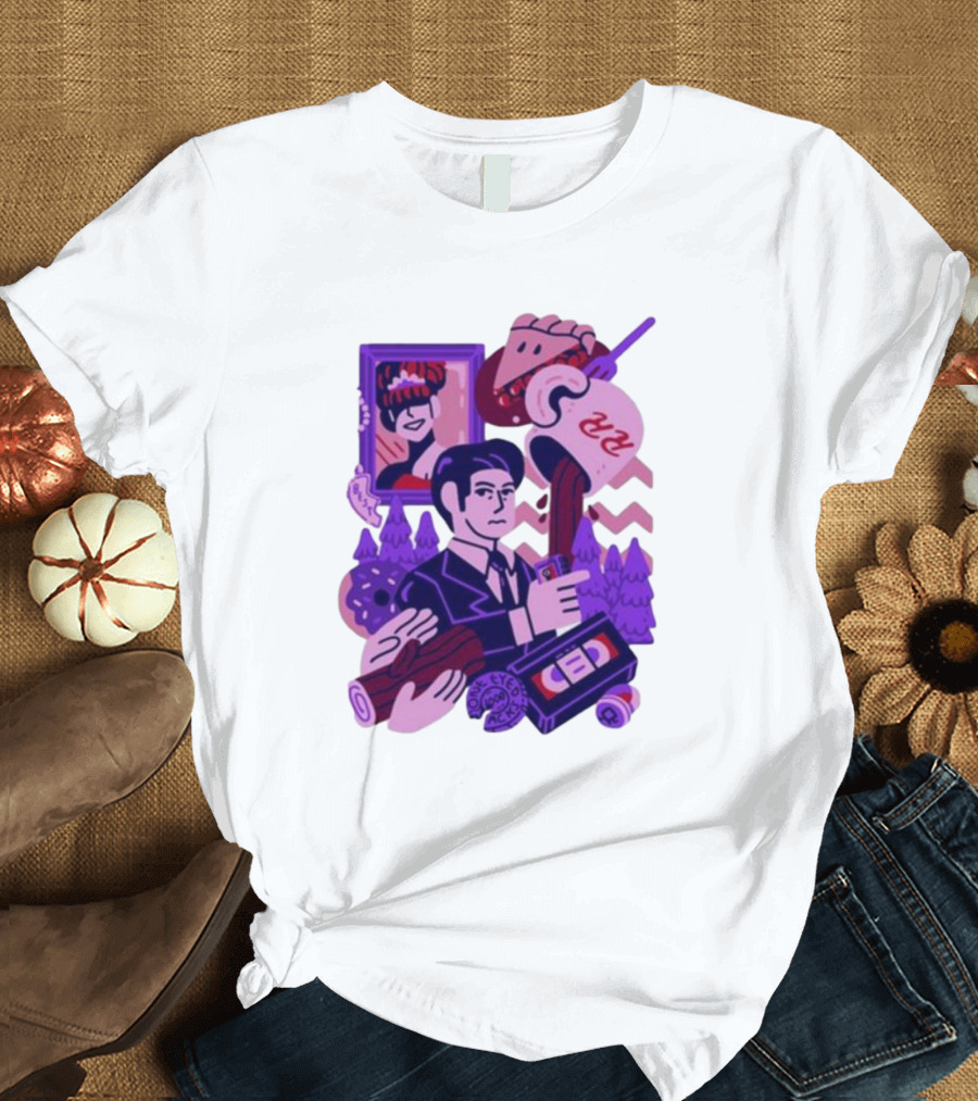 Theyetee Meanwhile Twin Peaks Agent Cooper Coffee Donuts Log VCR T-Shirt