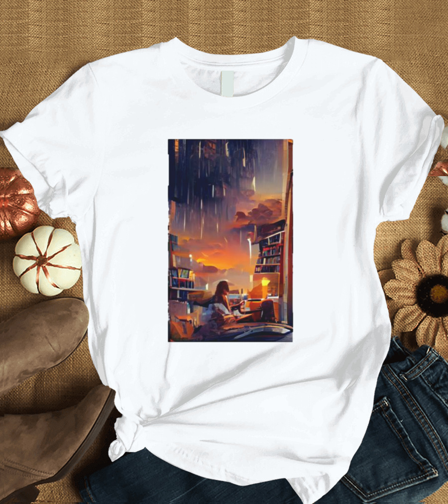 Midnight Library National Library Literacy Week 2 Cozy Reading at Sunset with Bookshelves and Candlelight T-Shirt
