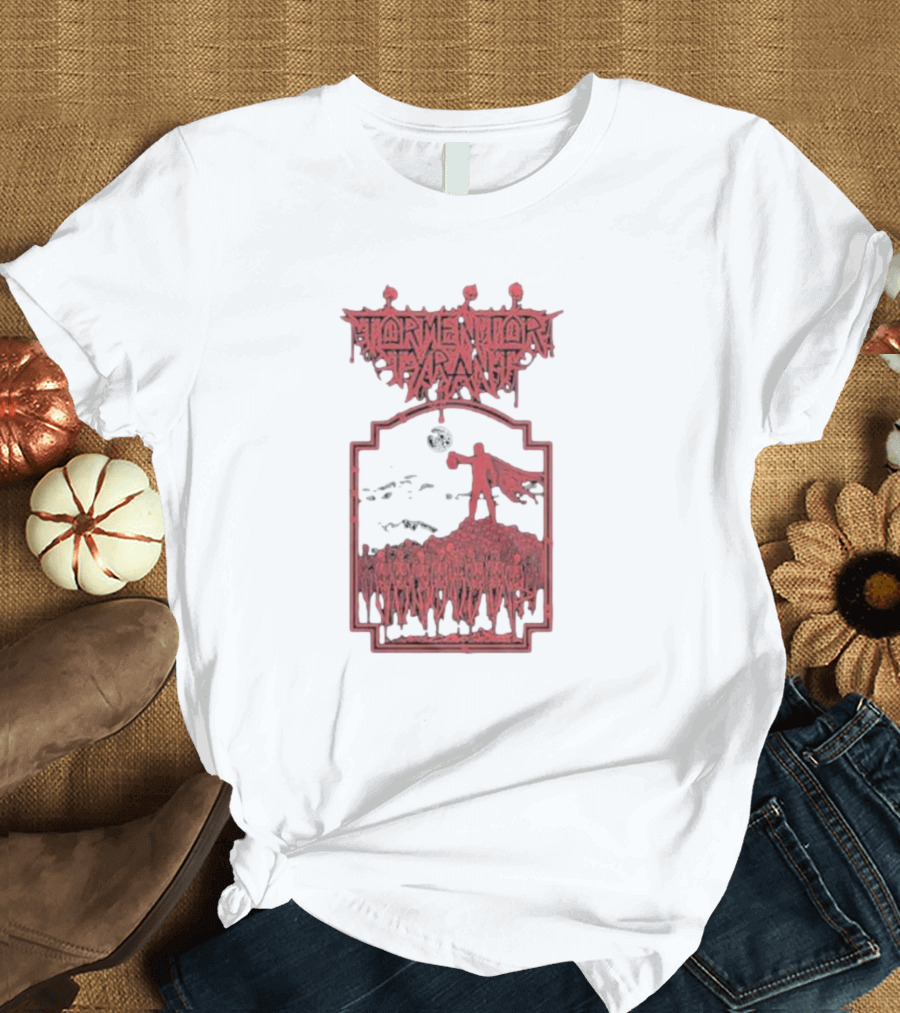 Tormentor Tyrant Red Figure Standing Amidst Crowd Under Moon T-Shirt